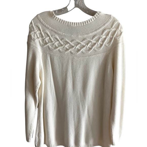 Talbots Cream Cozy Cable Knit Career Ivory Crew Neck Sweater Sz Large Petite - Picture 2 of 8